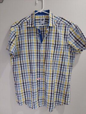 Horst Men's L Short Sleeve Button-down Plaid Shirt 100% Soft Cotton